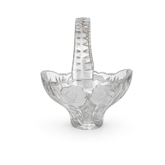 Other - Vintage Frosted Rose Lead Crystal Basket Scalloped Edge Cut Glass Candy Dish 7in